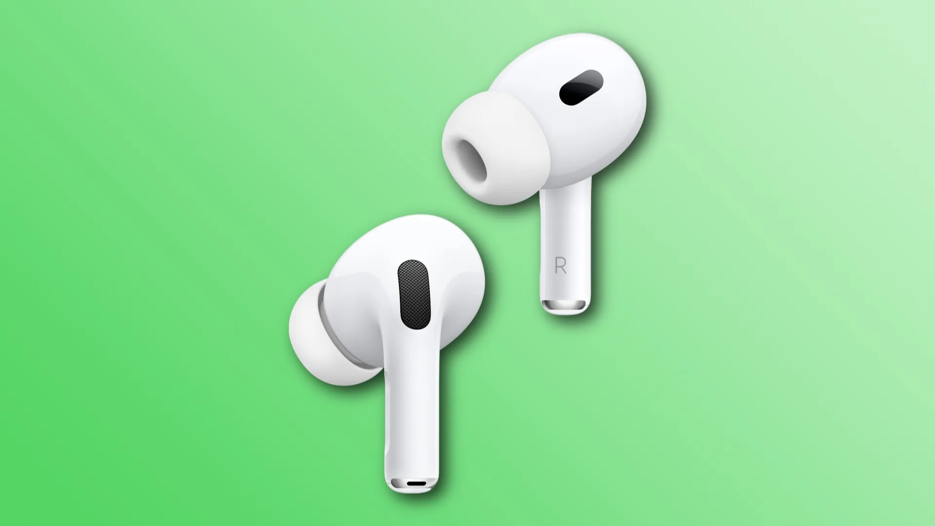 Second-generation AirPods Pro set against a light green gradient background