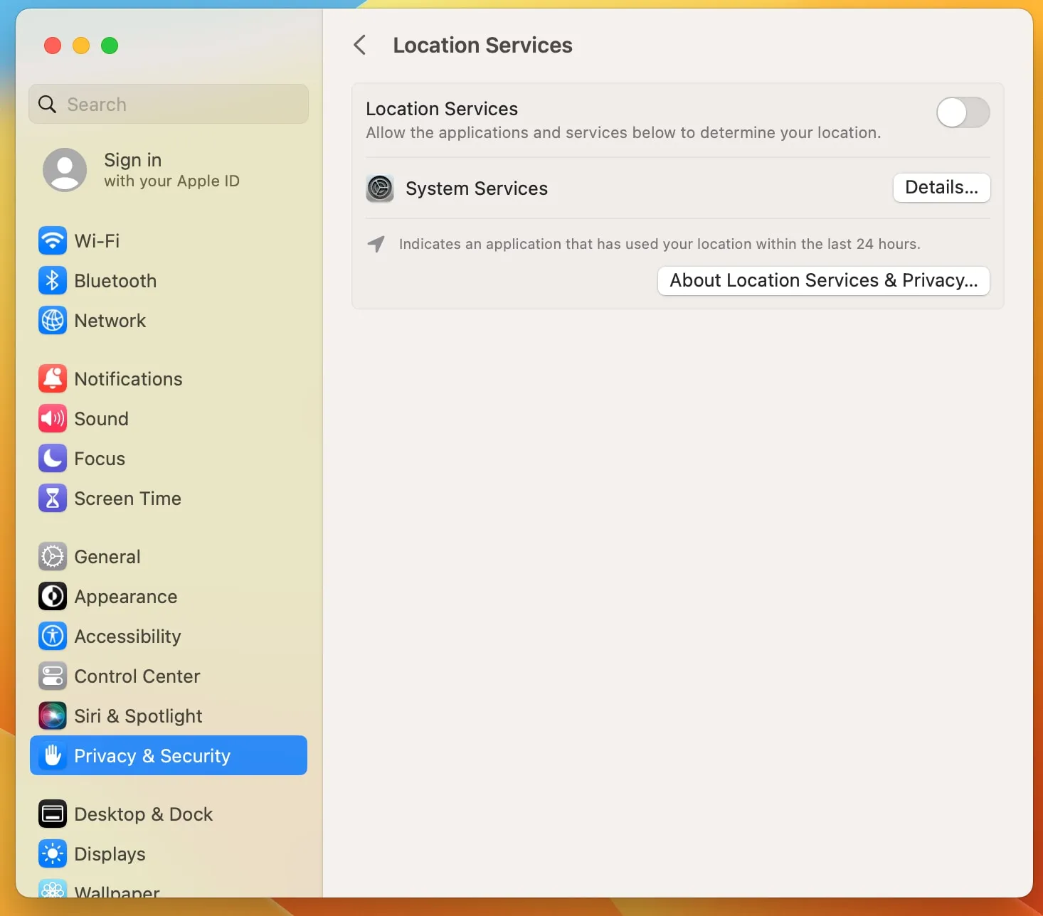 Location services settings in macOS Ventura with no apps listed