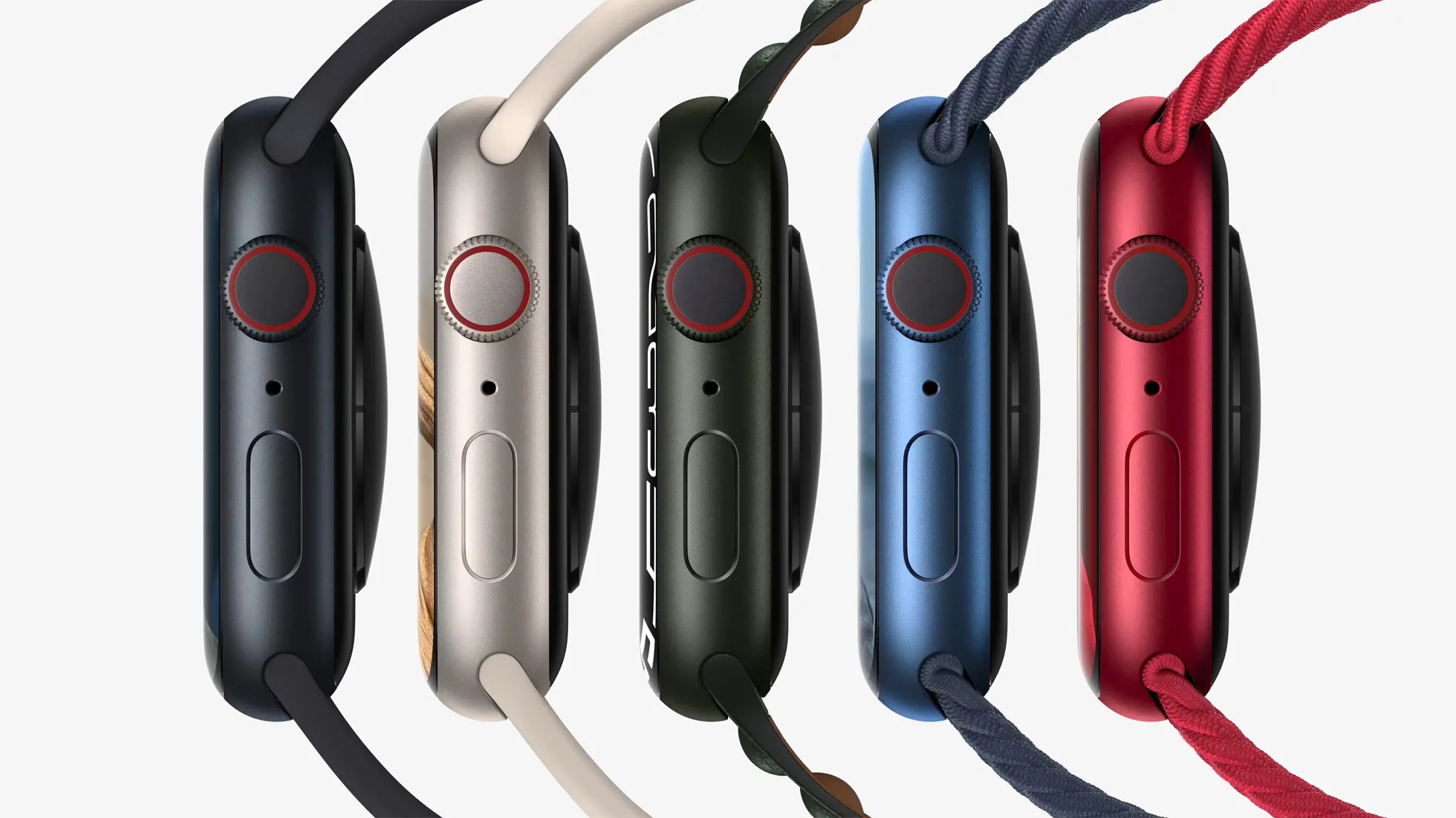 A side view of all the Apple Watch Series 7 models and colors