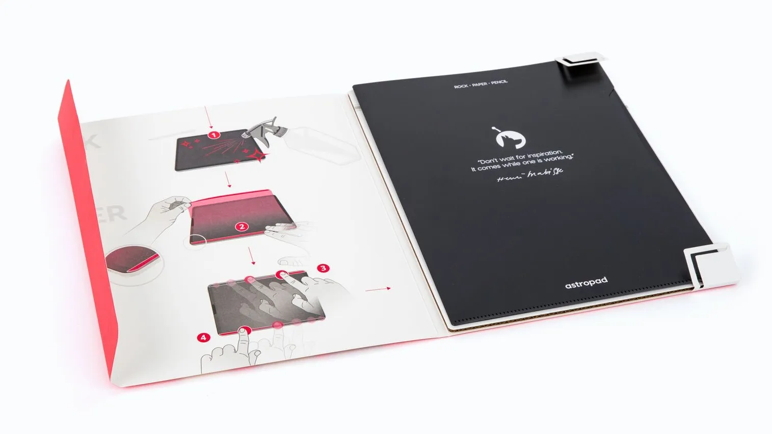 Open packaging showcasing the contents of Astropad's Rock Paper Pencil Open packaging showcasing the contents of Astropad's Rock Paper Pencil