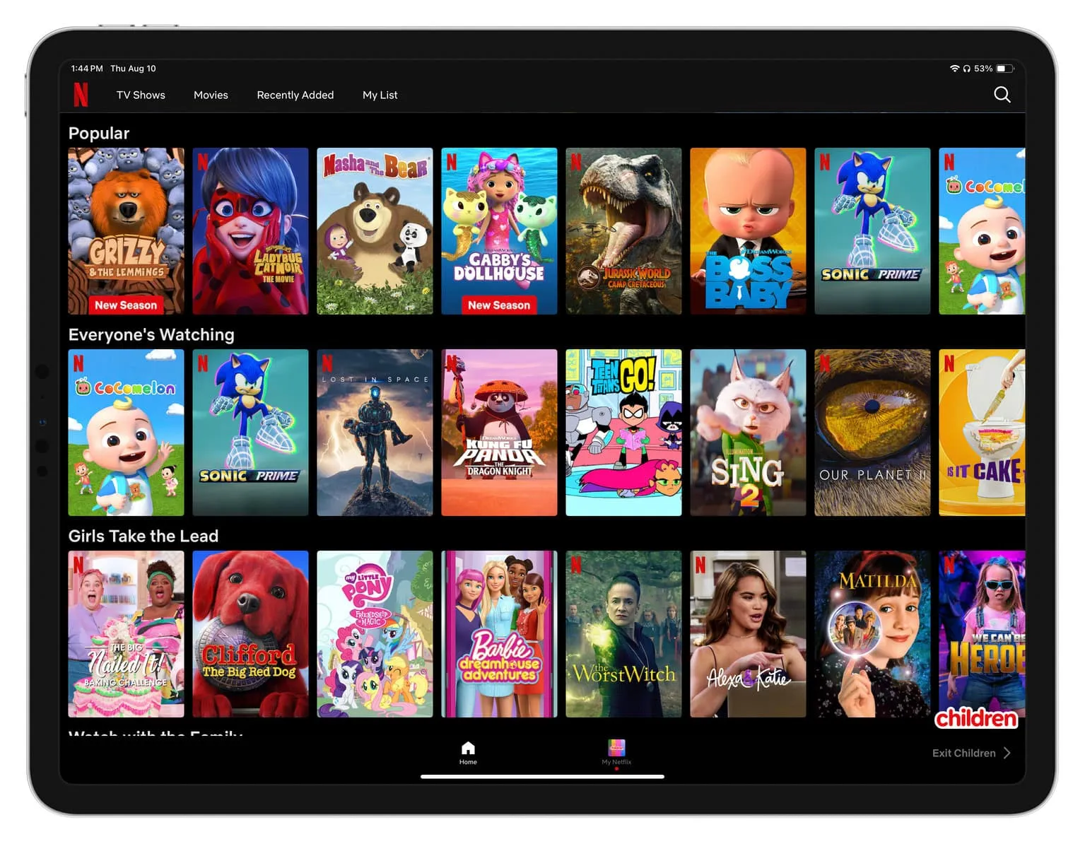 Lapset-osio Netflixissä iPadilla