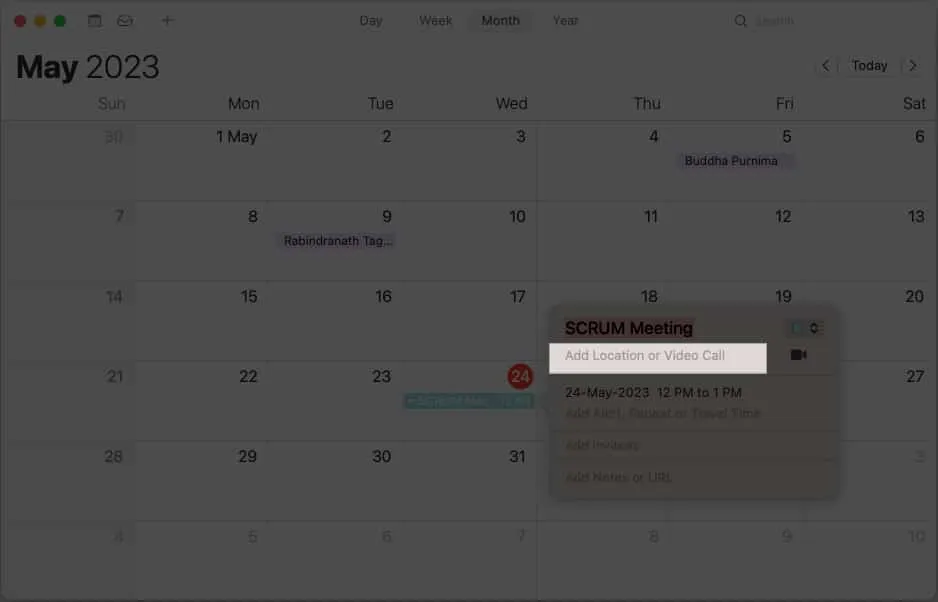在 Mac 上的日曆中單擊“添加位置”或“視頻通話”