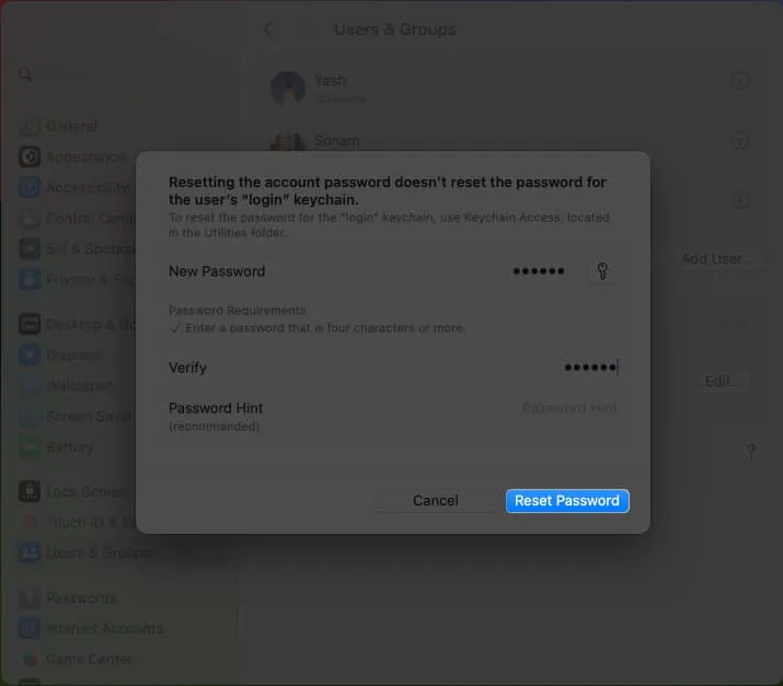 Click Reset Password in User and groups settings