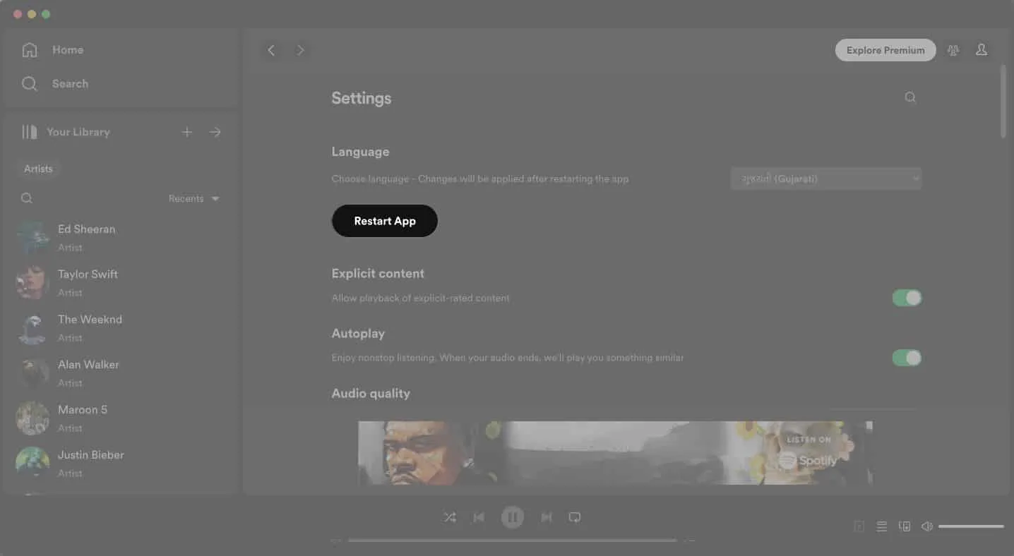 Klicka på Starta om app på Spotify