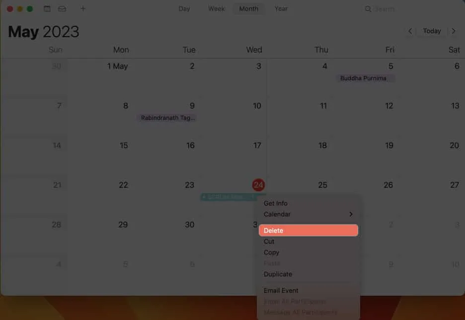 Clique na opção de exclusão para excluir o evento no calendário do Mac