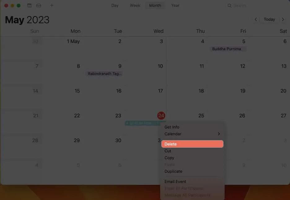 Click the delete option to delete the even in calendar on Mac