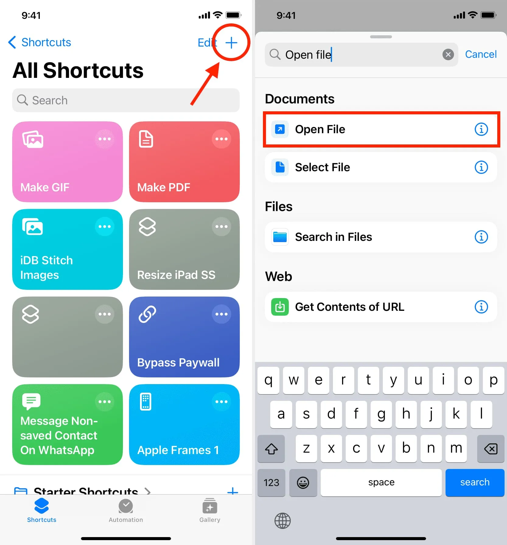 Create New Shortcut on iPhone and add Open File action