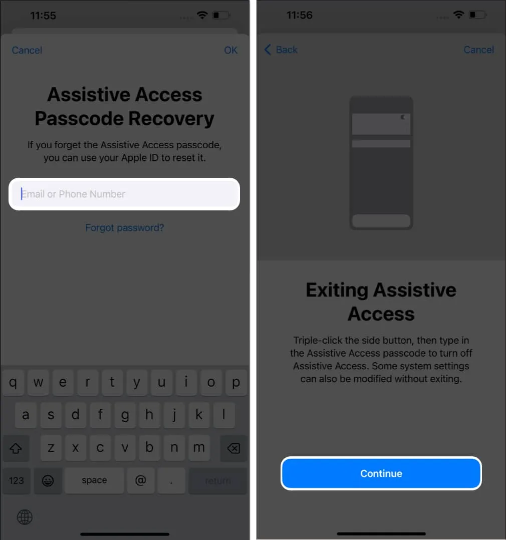 Enter your Apple ID and Password and select Continue on the Exiting Assistive Access screenEnter your Apple ID and Password and select Continue on the Exiting Assistive Access screen