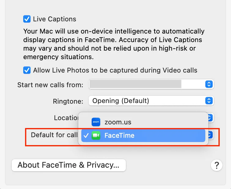 FaceTime oletuksena puheluille Macissa