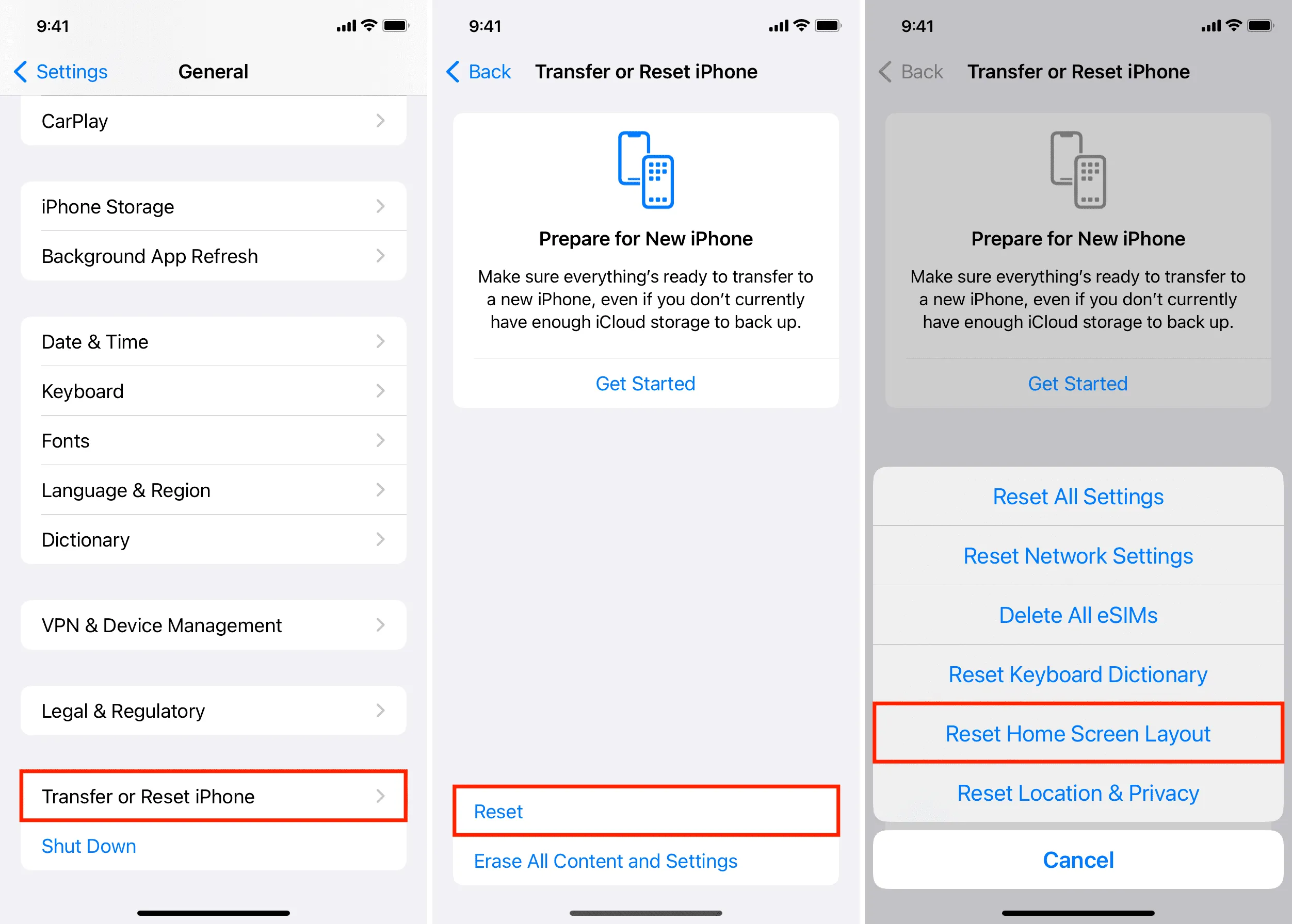 iPhone でホーム画面のレイアウトをリセットする方法を示す 3 つの強調表示されたスクリーンショット