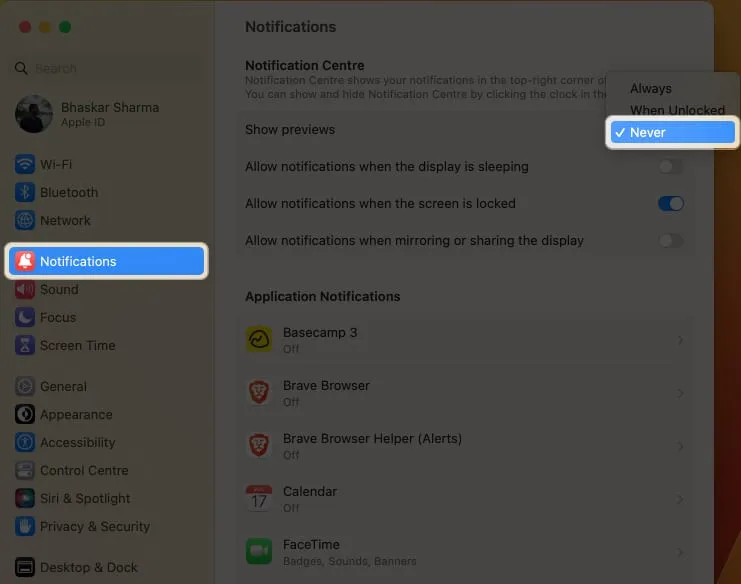 Désactiver les notifications pour toutes les applications sur Mac depuis le Centre de contrôle