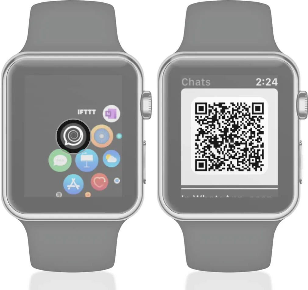 Atidarykite „WatchChat 2“, skirtą „WhatsApp“, naudodami „Apple Watch“ ir nuskaitykite QR kodą