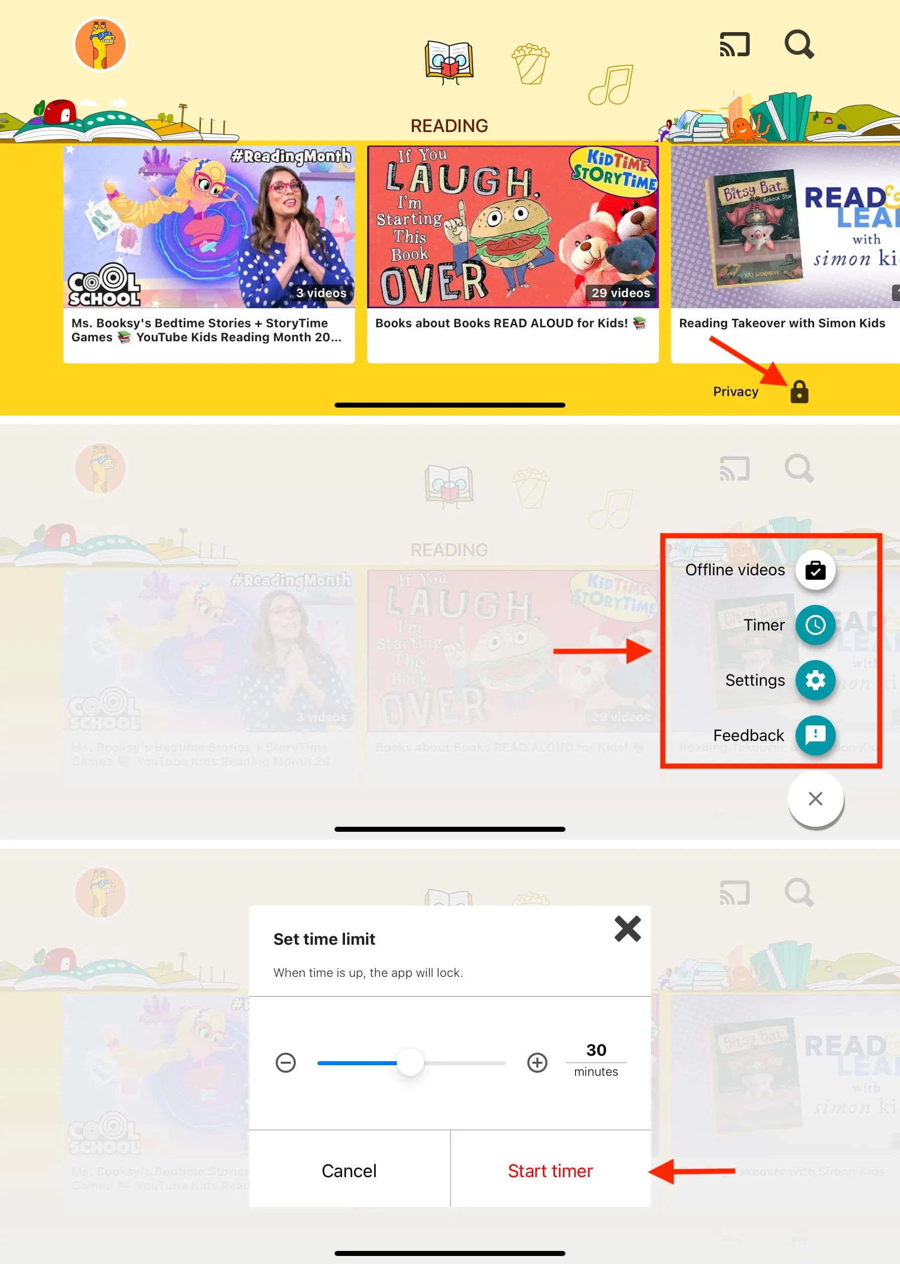 Parental controls in YouTube Kids app on iPhone to set a timer