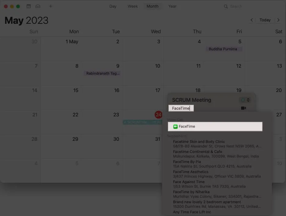 Pesquise no FaceTime e selecione o mesmo no calendário do Mac