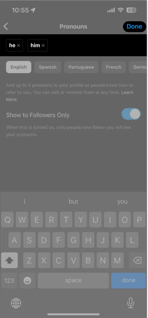 Select Pronouns, Tap Done on Instagram