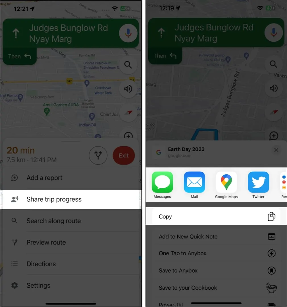 Share trip progress, copy the link or share it from app in google maps