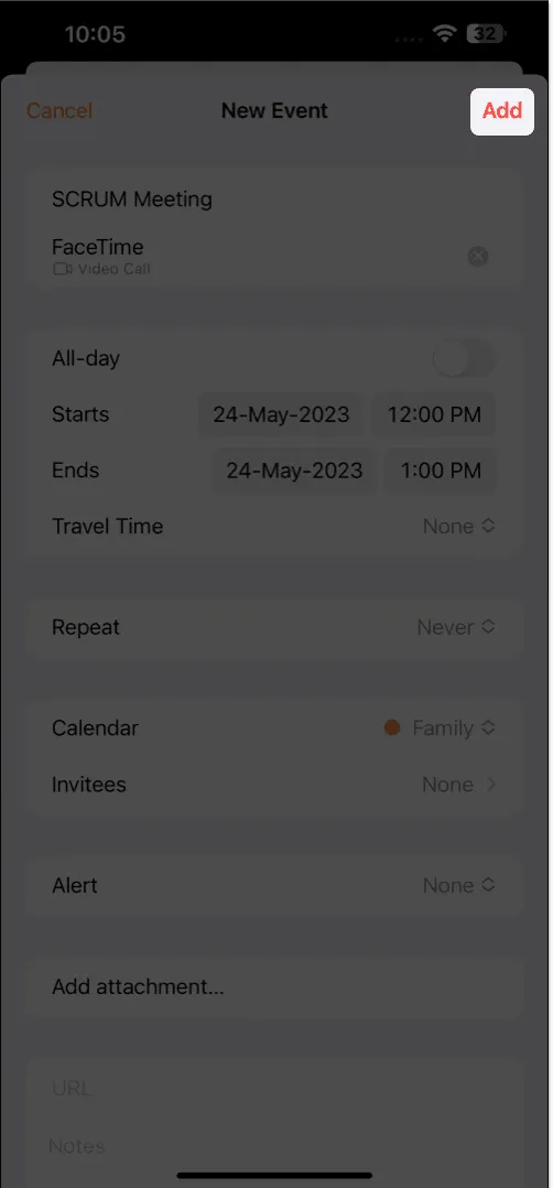 點擊日曆應用中的添加
