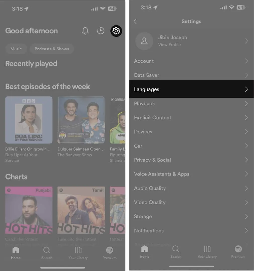 Tryck på Inställningar, Appens språk i Spotify