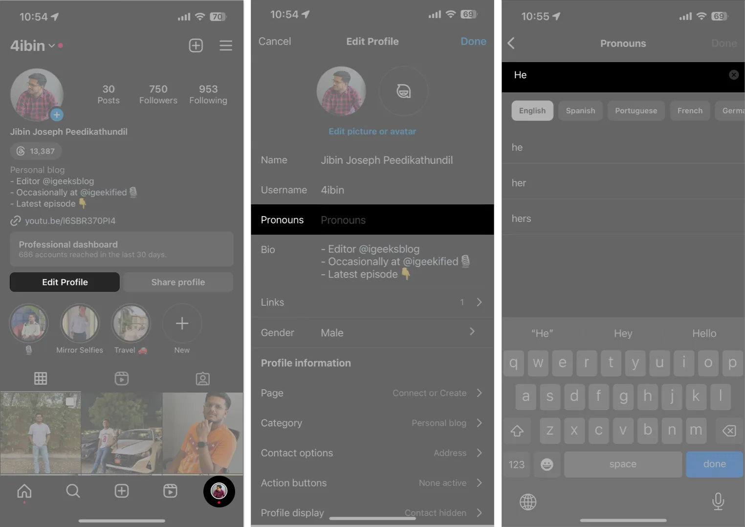 Tap edit profile, pronouns, enter pronoun in Instagram