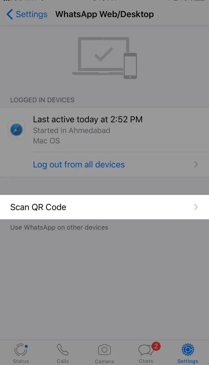 Puudutage iPhone'i WhatsAppi seadetes nuppu Scan QR Code