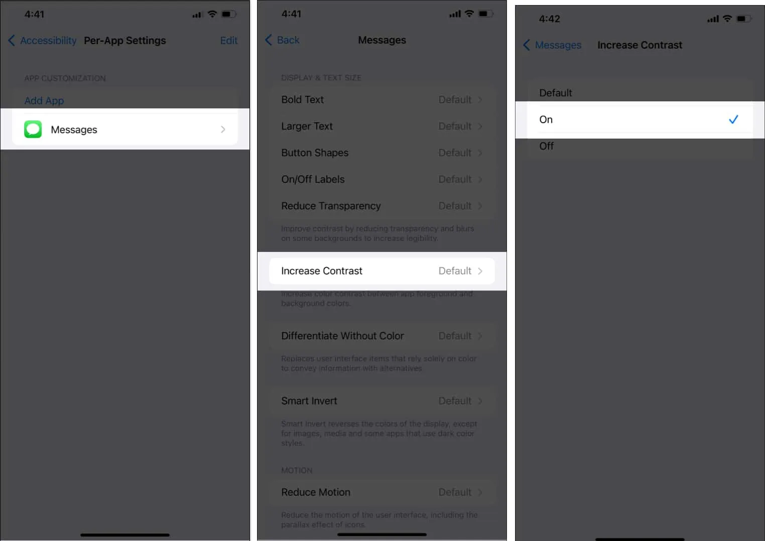 Napauta Viestit-sovellusta, siirry kohtaan Lisää kontrastia ja valitse luettelosta Päällä