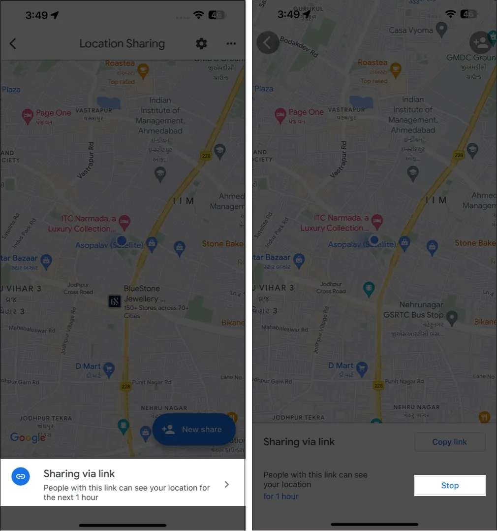 Tap sharing via link and stop in google maps