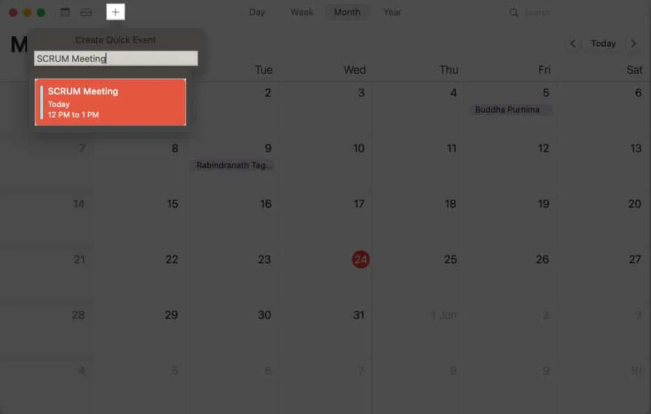 Tocca l'icona +, inserisci il titolo dell'evento in Calendario su Mac