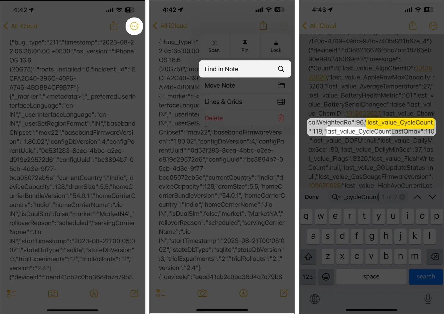 Napauta kolmen pisteen kuvaketta, valitse Etsi muistiinpanoista ja etsi last_cycle_count