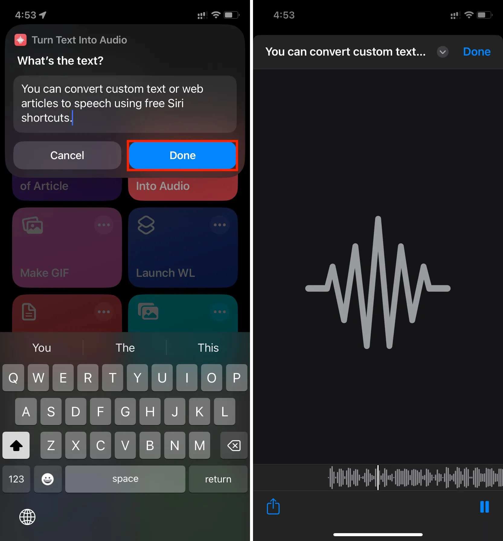 Turn Text Into Audio iOS shortcut in action on iPhone Turn Text Into Audio iOS shortcut in action on iPhone