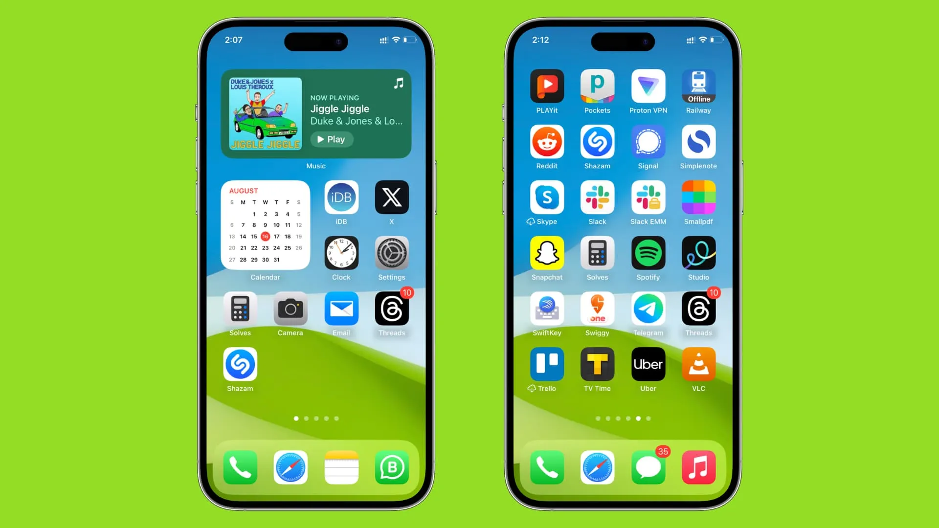 Два главных экрана iPhone: на одном показаны приложения в беспорядке, а на другом — в алфавитном порядке.