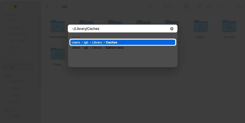 Введите ~:Library:Caches и нажмите Return.
