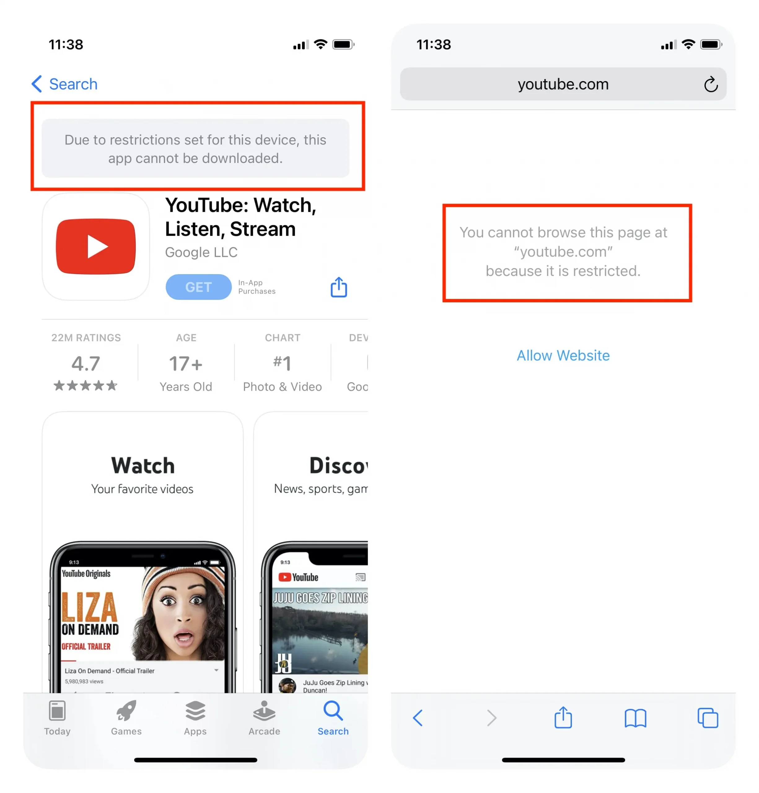 YouTube заблокирован на iPhone