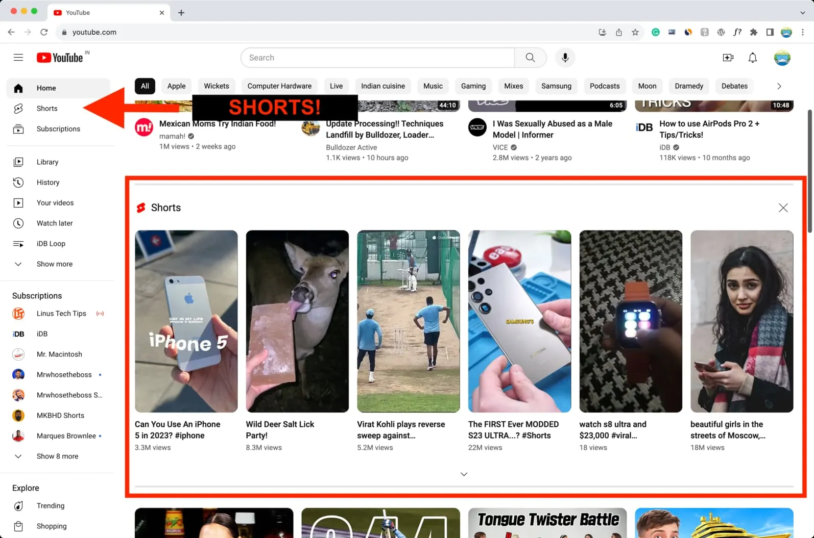 YouTube en computadora con Shorts