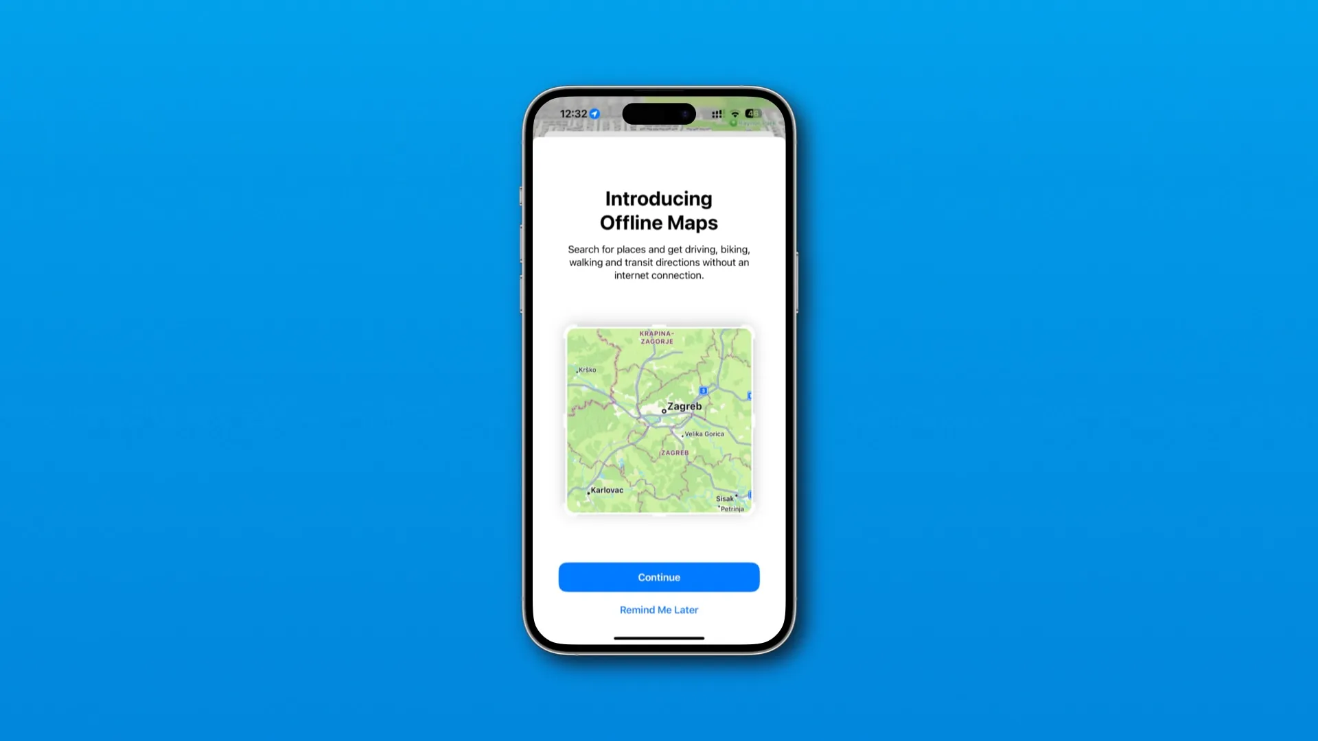 Aloitusnäyttö iOS 17:n Maps-sovelluksessa, joka edistää offline-navigointia