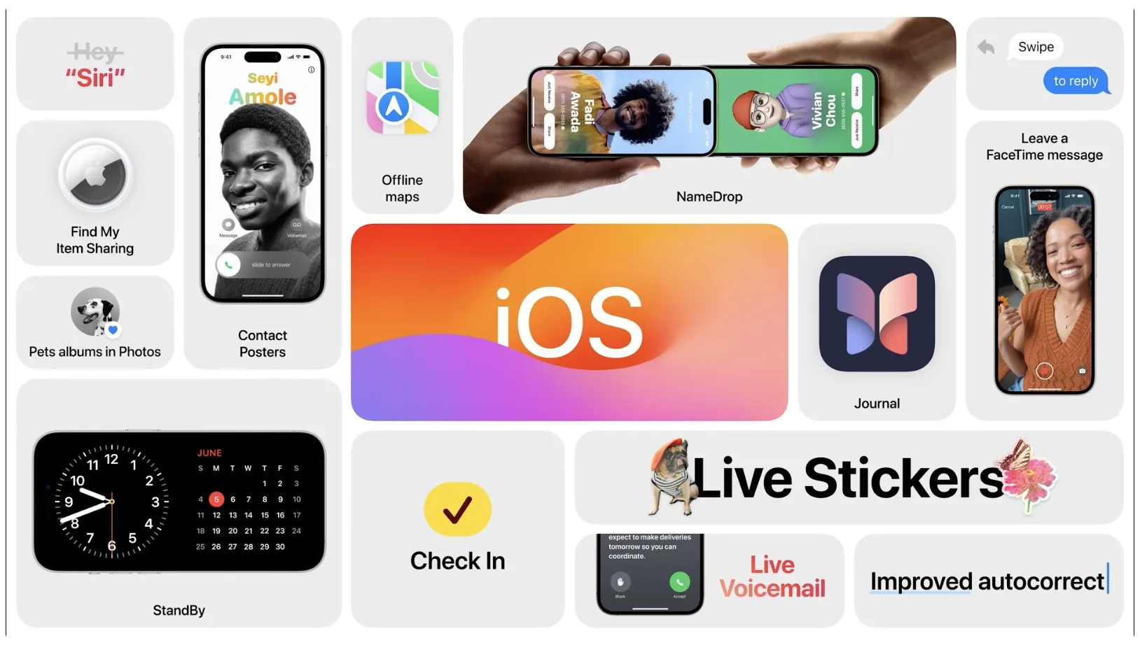 Collage di nuove funzionalità per iPhone in iOS 17