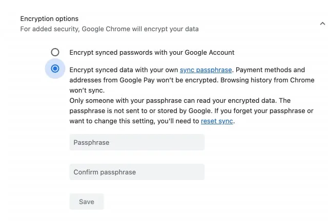 valitse salaa synkronoidut tiedot tunnuslauseella Googlen asetuksista