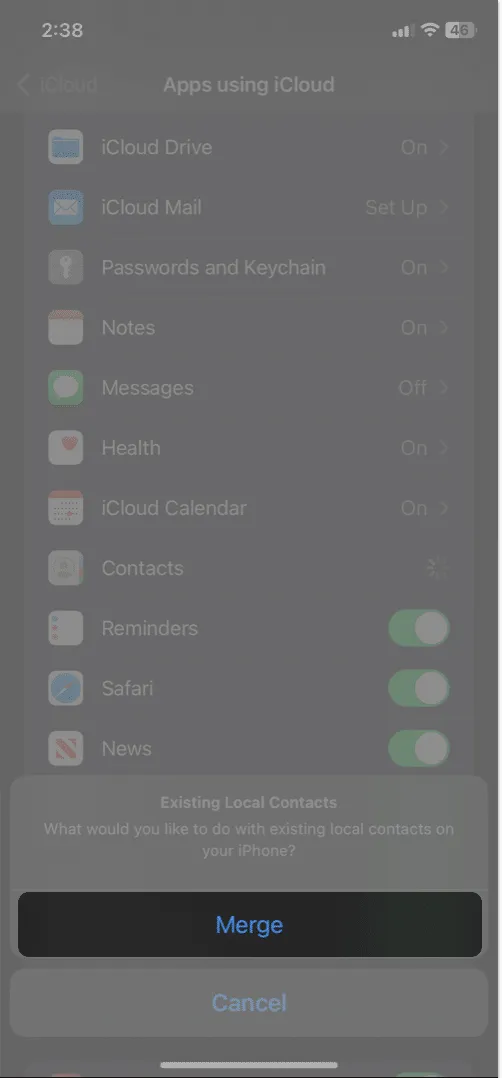 tap Merge in iCloud contact Settings