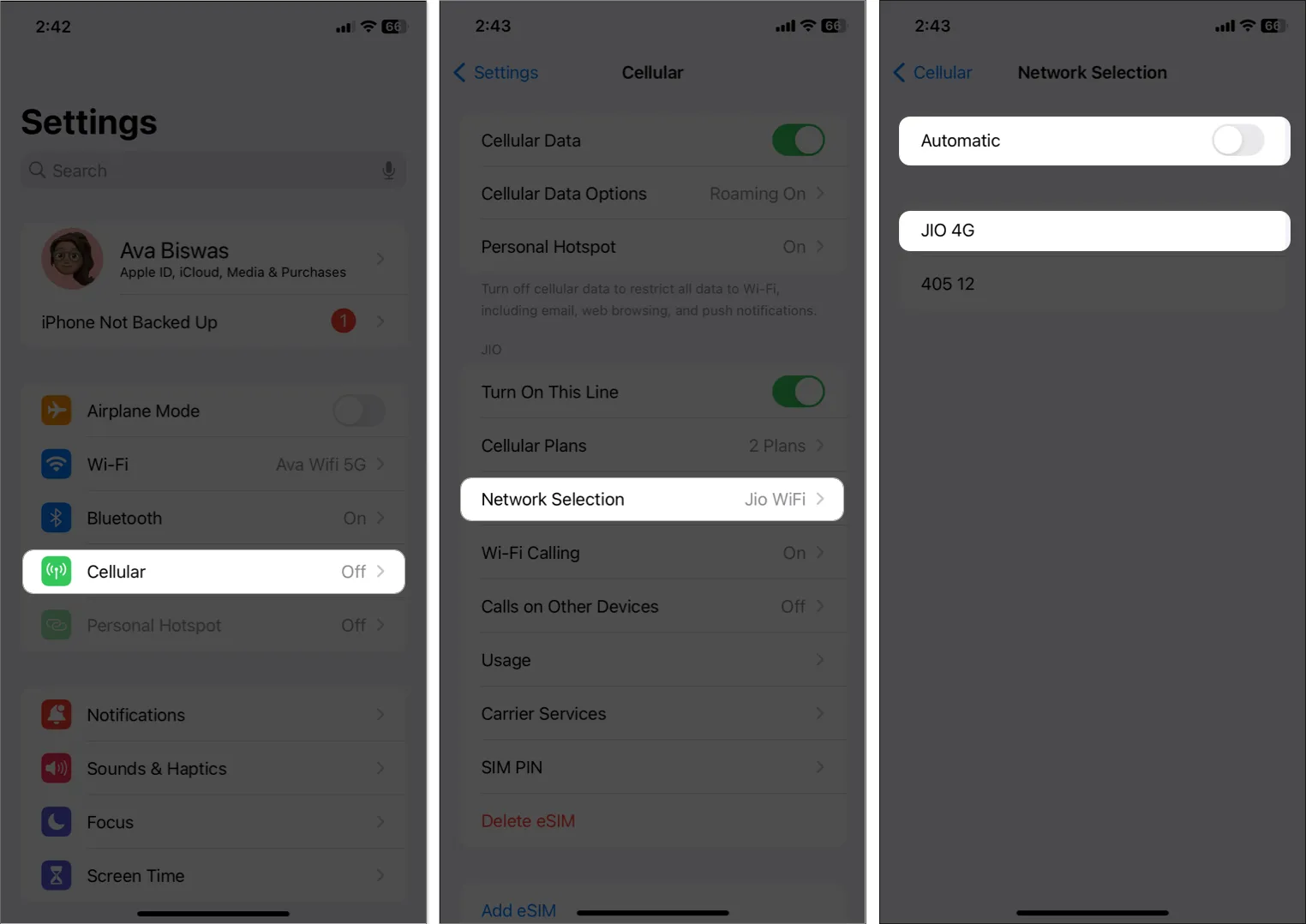 tap cellular, network selection, toggle off automatic, select carrier in settings