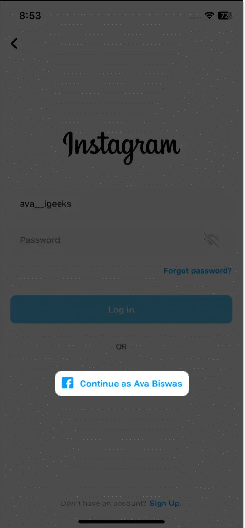 在 Instagram 登錄頁面中點擊“繼續”作為您的名字