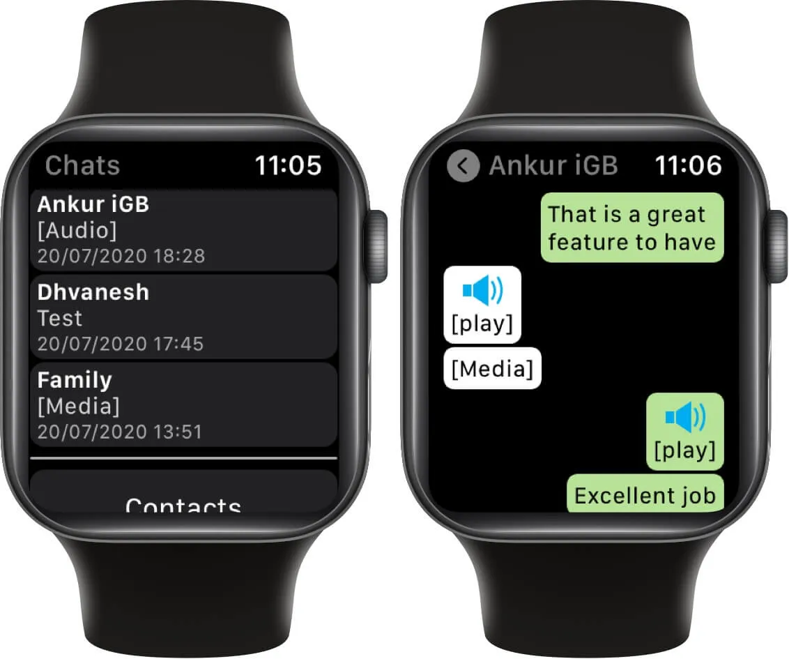 bakstelėkite žaisti, kad klausytumėte WhatsApp balso pranešimų Apple Watch