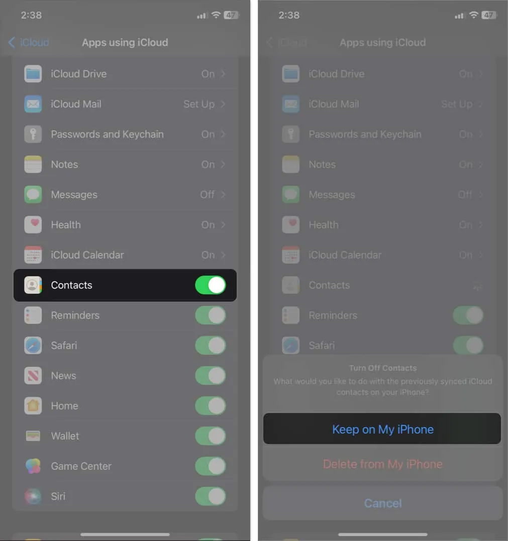 toggle off Contacts, tap keep on my iPhone in Settings