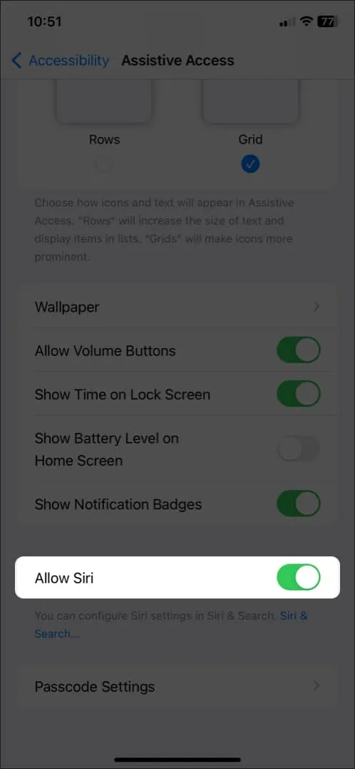 toggle on siri in assistive access settings