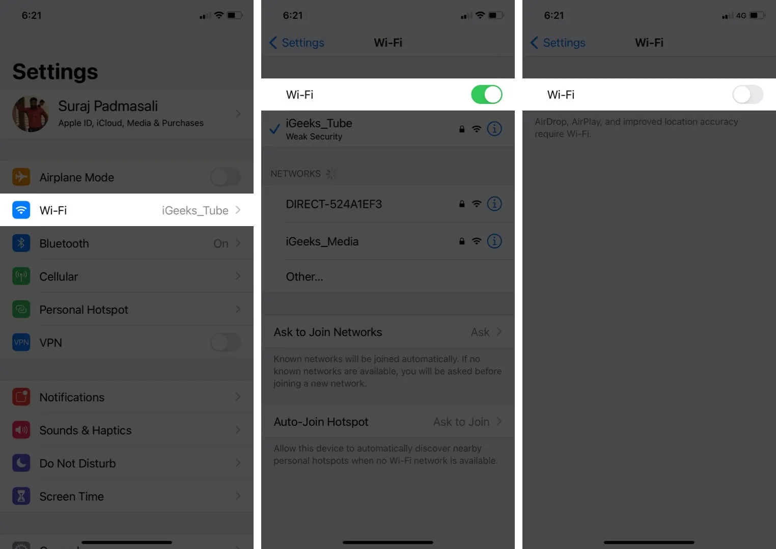 vypněte wi-fi síť na iphone