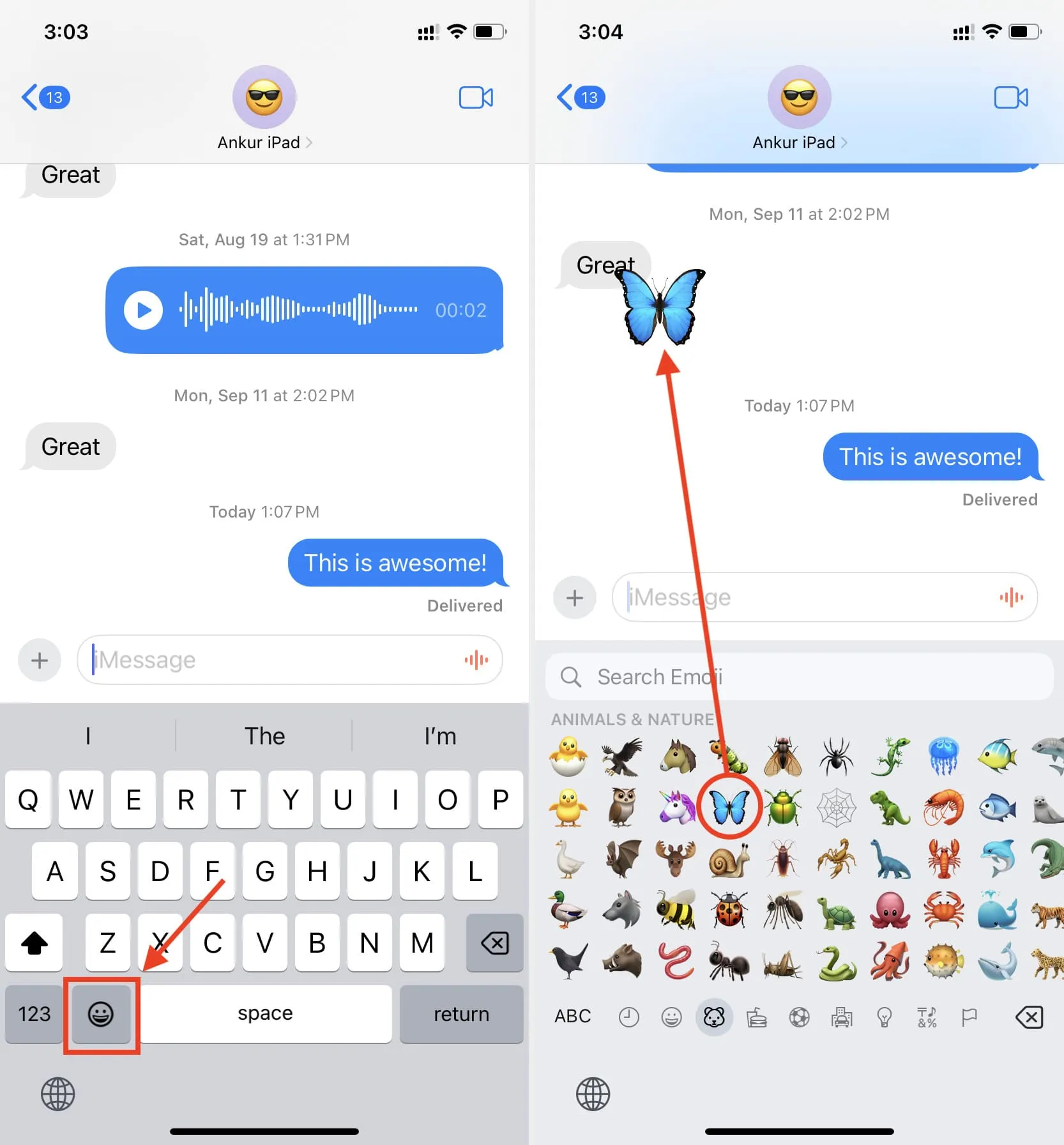 Accessing emojis in Messages app and dropping it as reaction on iPhone