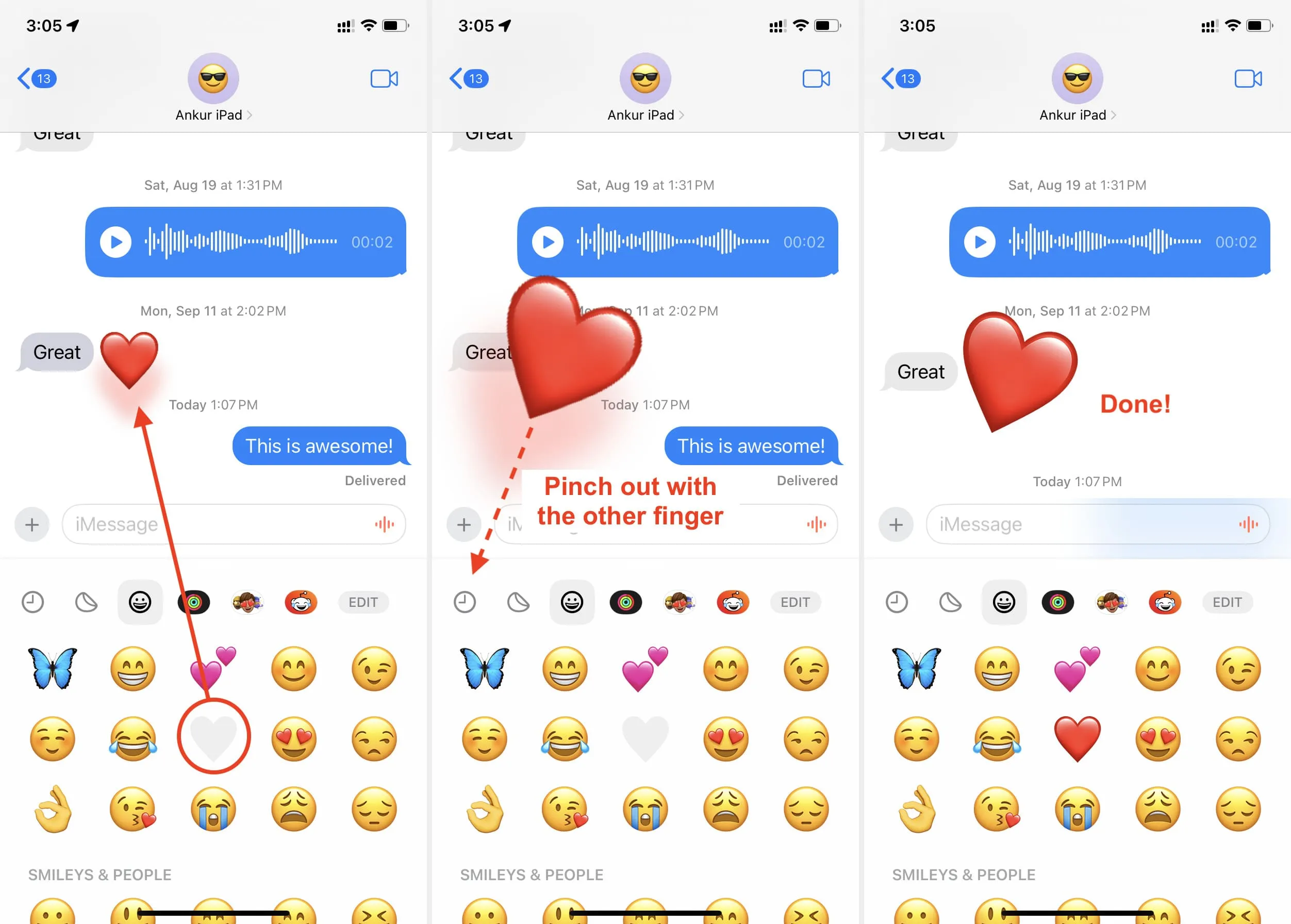 Adding big emoji reaction stickers in iMessage on iPhone