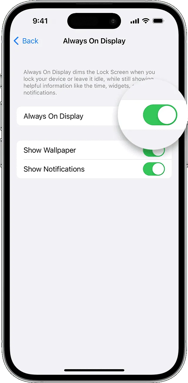 Always On Display in iPhone settings