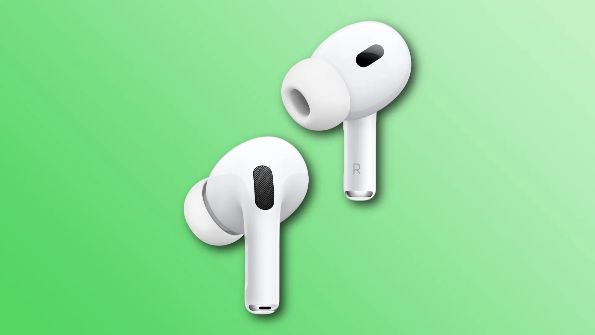 연한 녹색 그라데이션 배경에 설정된 2세대 AirPods Pro