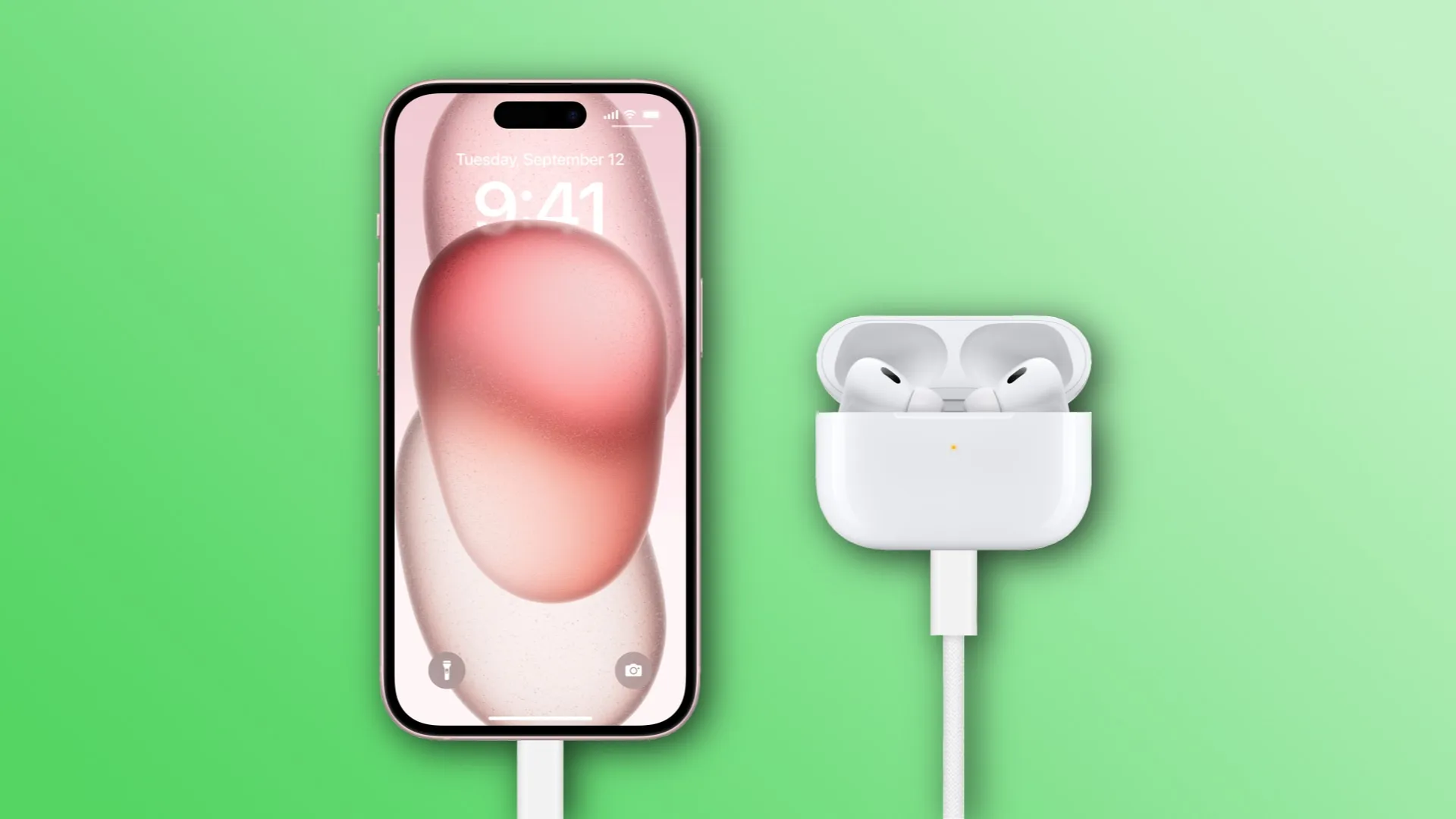 AirPods Pro aangesloten op iPhone 15 met USB-C-kabel