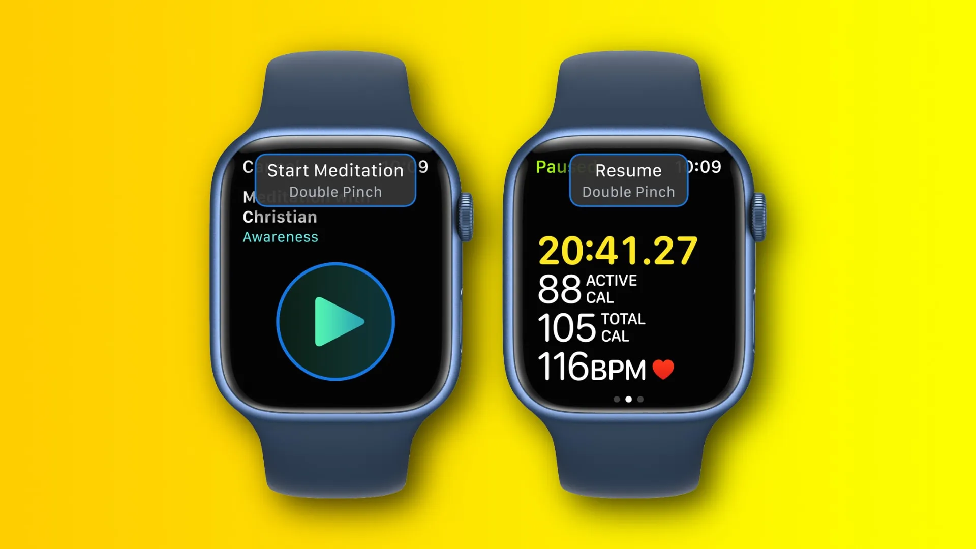 Utilizzo dei gesti delle mani di Apple Watch per avviare una sessione di meditazione e riprendere un allenamento