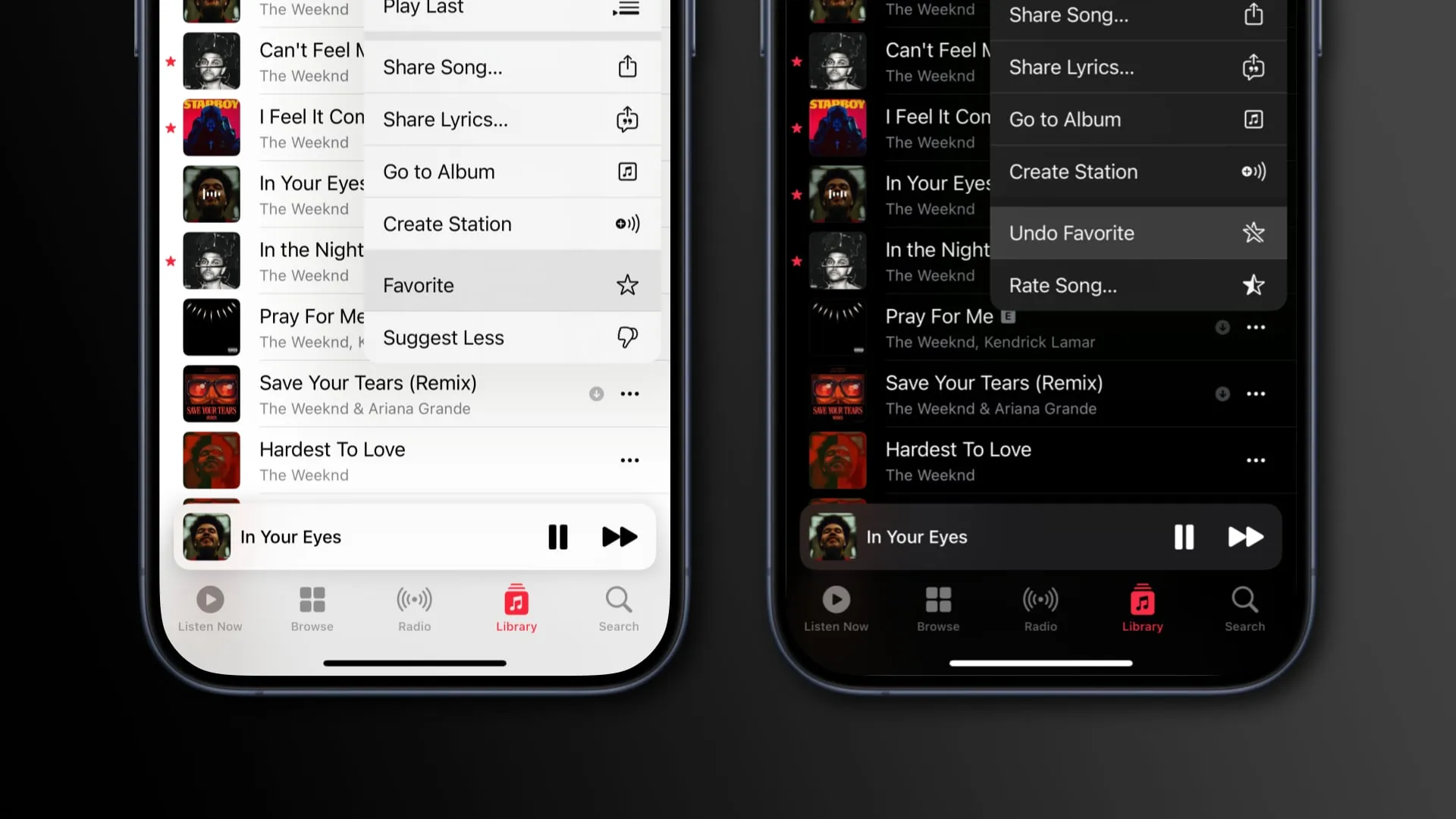 iPhone의 Apple Music에 있는 즐겨찾기 및 즐겨찾기 실행 취소 메뉴 옵션